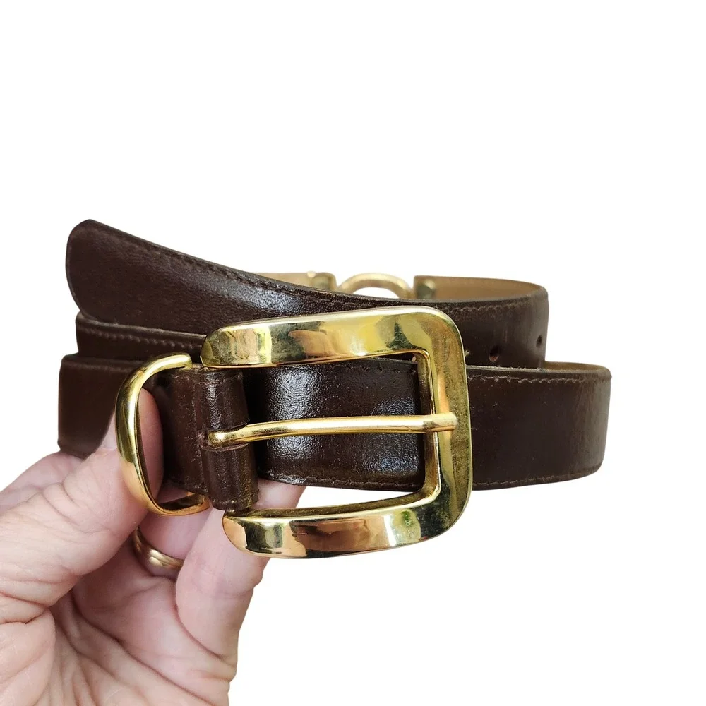 Classic Dark Brown Genuine Leather Belt with Gold Ring Accents Sz L Dk Academia‎